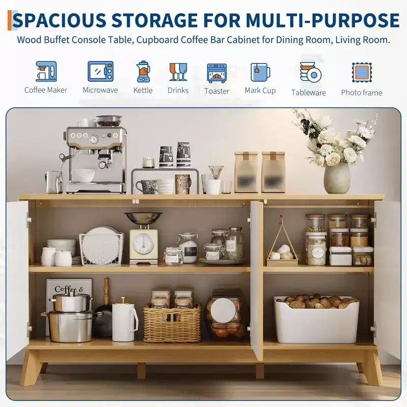 58 Fluted Sideboard Buffet Cabinet with 3 Doors & Adjustable Shelves  Farmhouse Curved Wood Console Table, Coffee Bar Storage Cabinet Cupboard