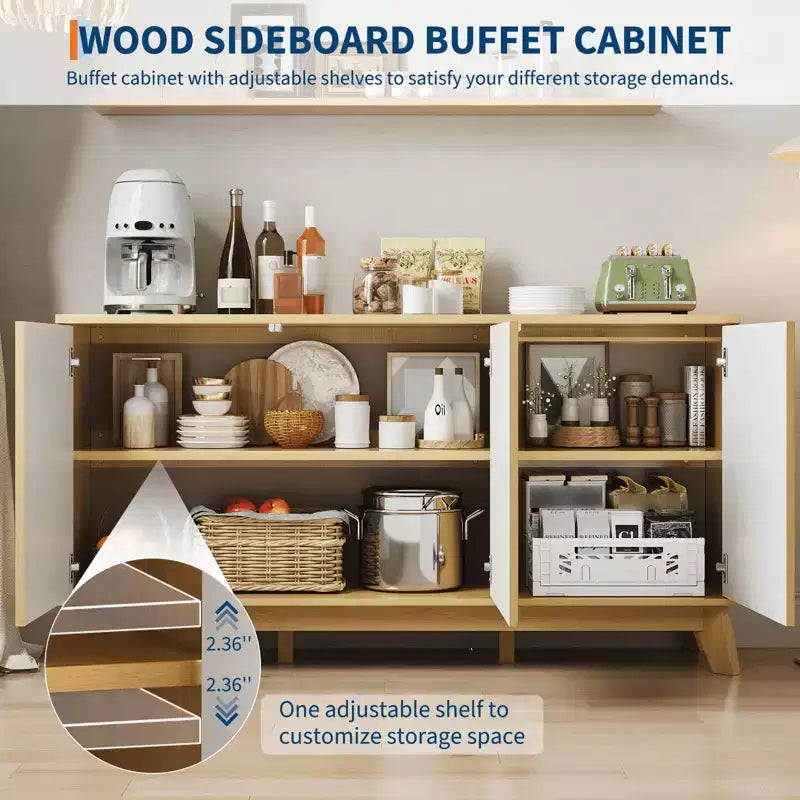 58 Fluted Sideboard Buffet Cabinet with 3 Doors & Adjustable Shelves  Farmhouse Curved Wood Console Table, Coffee Bar Storage Cabinet Cupboard