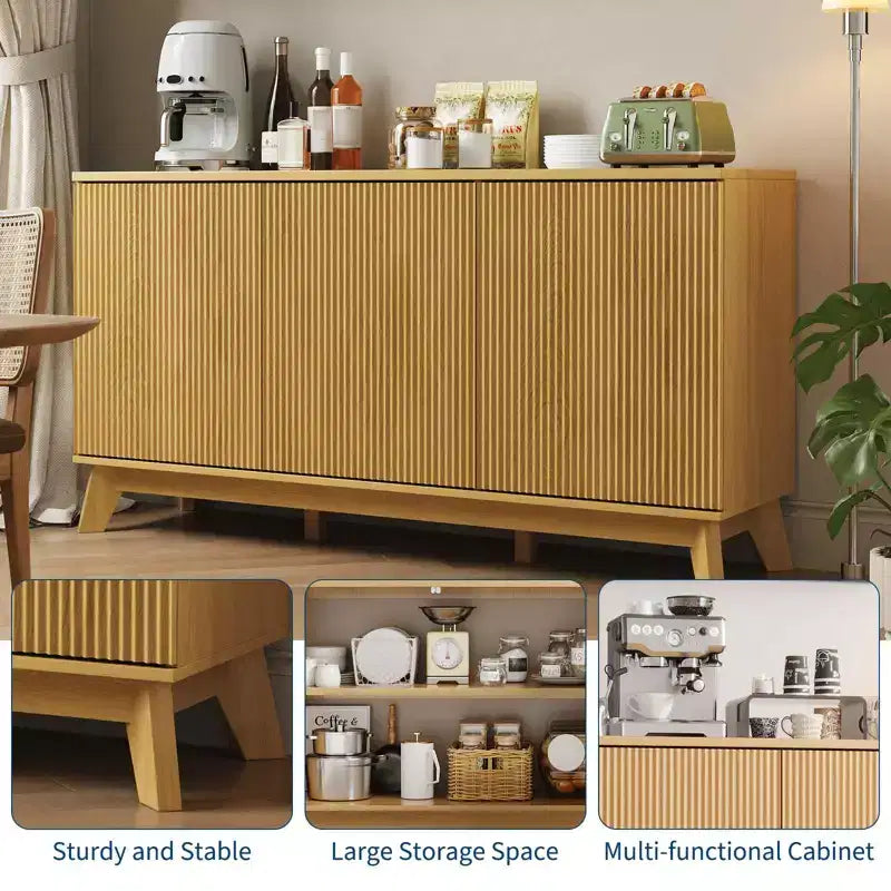 58 Fluted Sideboard Buffet Cabinet with 3 Doors & Adjustable Shelves  Farmhouse Curved Wood Console Table, Coffee Bar Storage Cabinet Cupboard