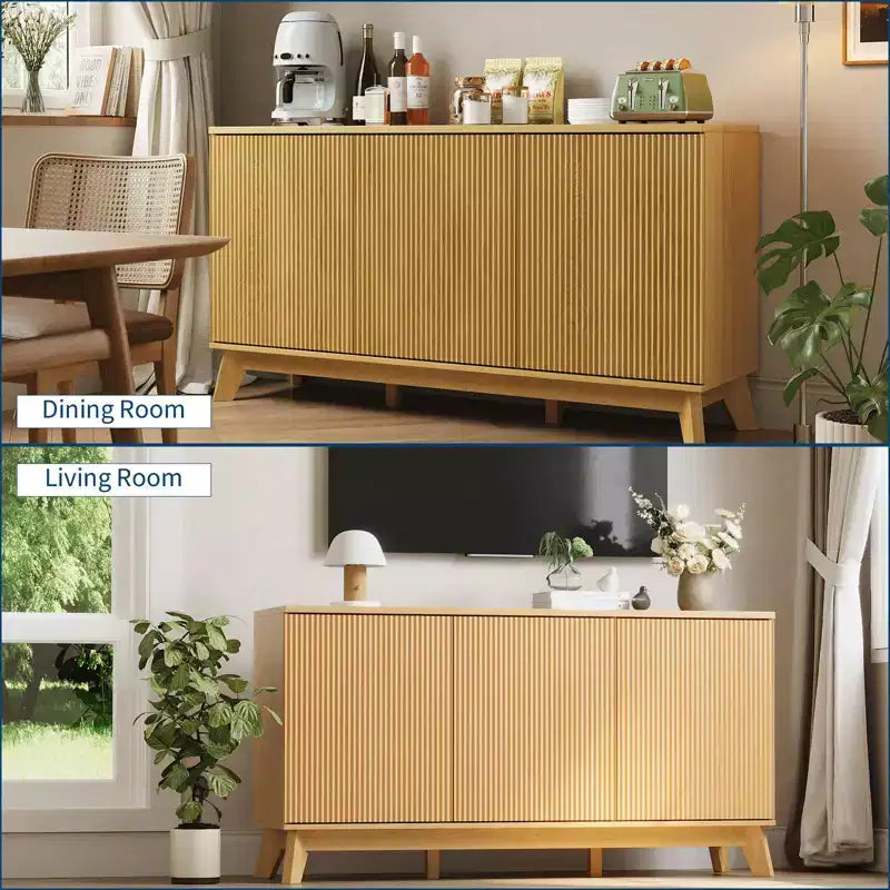 58 Fluted Sideboard Buffet Cabinet with 3 Doors & Adjustable Shelves  Farmhouse Curved Wood Console Table, Coffee Bar Storage Cabinet Cupboard