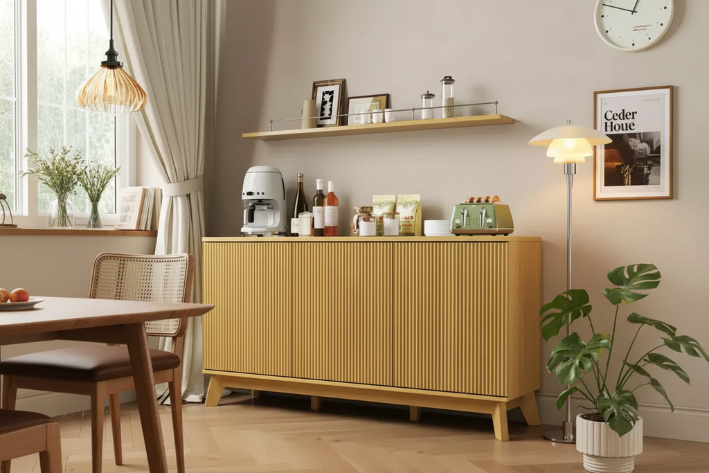 58 Fluted Sideboard Buffet Cabinet with 3 Doors & Adjustable Shelves  Farmhouse Curved Wood Console Table, Coffee Bar Storage Cabinet Cupboard