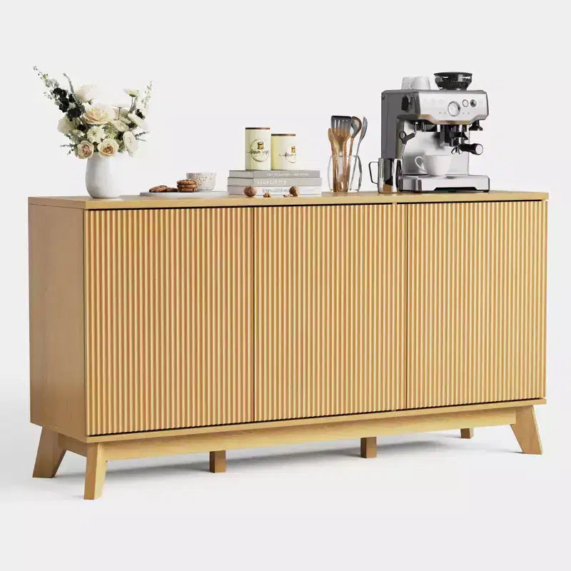 58 Fluted Sideboard Buffet Cabinet with 3 Doors & Adjustable Shelves  Farmhouse Curved Wood Console Table, Coffee Bar Storage Cabinet Cupboard