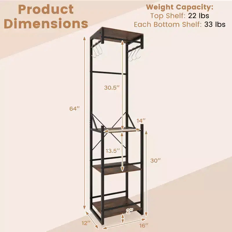 Costway Freestanding Coat Rack with 4 Storage Shelves 6 Hooks & 3 Hanging Rods for Entryway