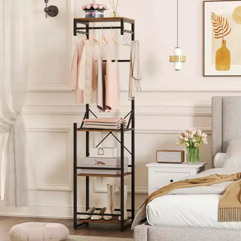 Costway Freestanding Coat Rack with 4 Storage Shelves 6 Hooks & 3 Hanging Rods for Entryway