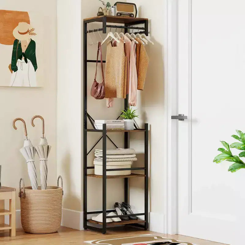 Costway Freestanding Coat Rack with 4 Storage Shelves 6 Hooks & 3 Hanging Rods for Entryway