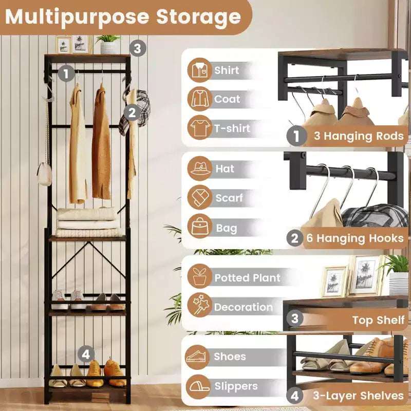 Costway Freestanding Coat Rack with 4 Storage Shelves 6 Hooks & 3 Hanging Rods for Entryway