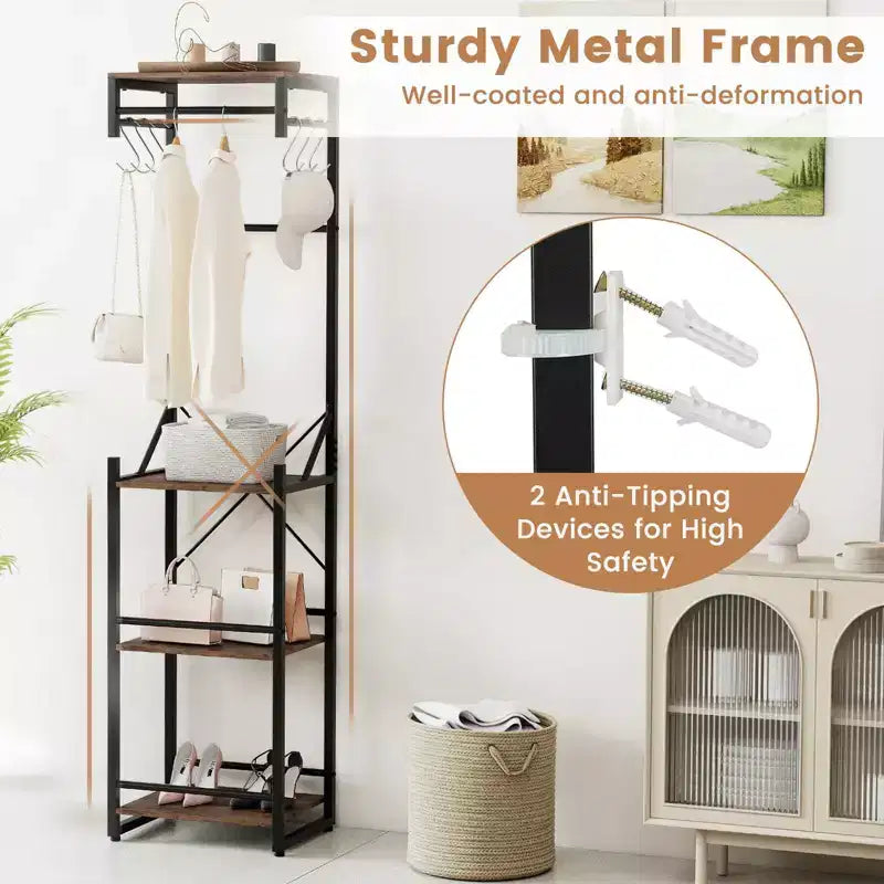 Costway Freestanding Coat Rack with 4 Storage Shelves 6 Hooks & 3 Hanging Rods for Entryway