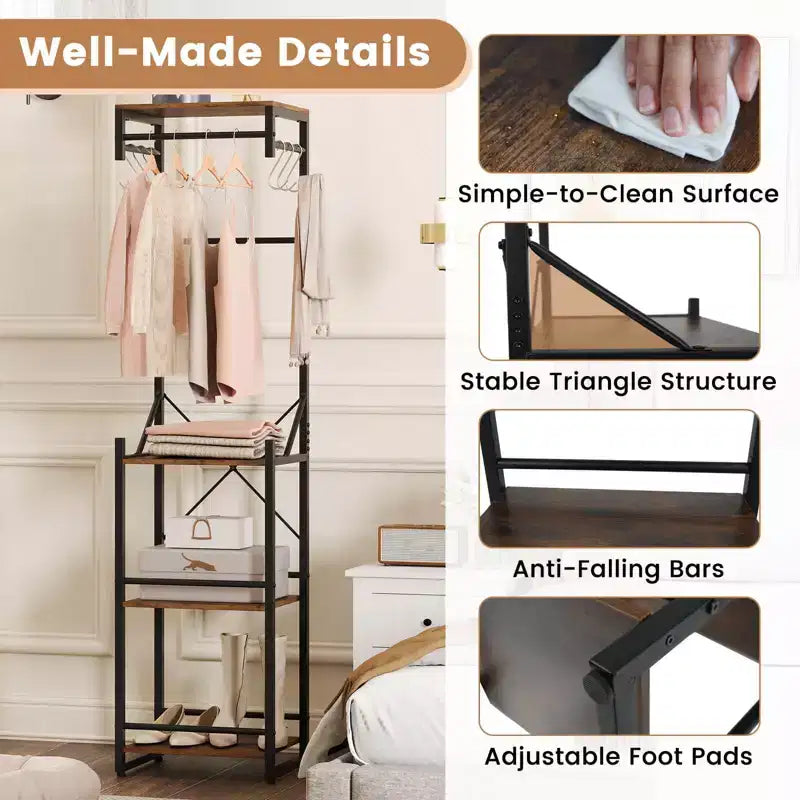 Costway Freestanding Coat Rack with 4 Storage Shelves 6 Hooks & 3 Hanging Rods for Entryway