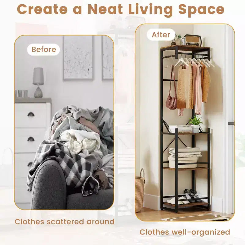 Costway Freestanding Coat Rack with 4 Storage Shelves 6 Hooks & 3 Hanging Rods for Entryway