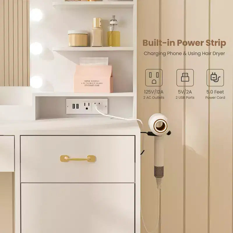 Makeup Vanity Desk with Mirror and Lights, White Vanity Table with Charging Station, 3 Drawers, 2 Cubbies, 1 Cabinet & Open Shelves, for Women Girls