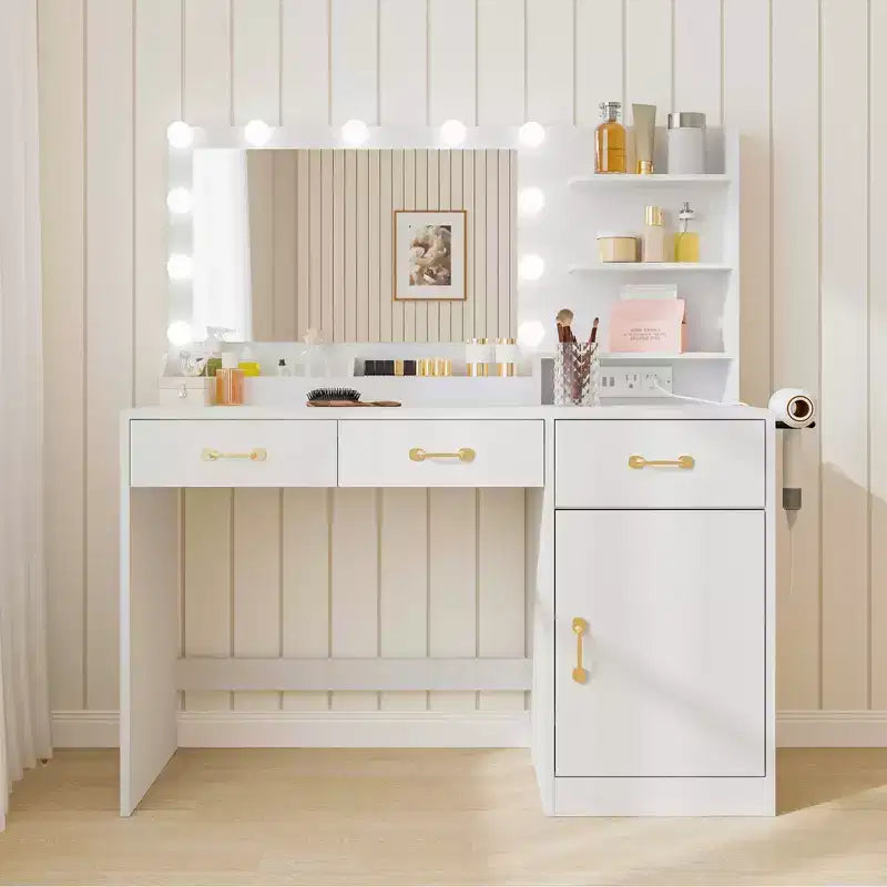 Makeup Vanity Desk with Mirror and Lights, White Vanity Table with Charging Station, 3 Drawers, 2 Cubbies, 1 Cabinet & Open Shelves, for Women Girls