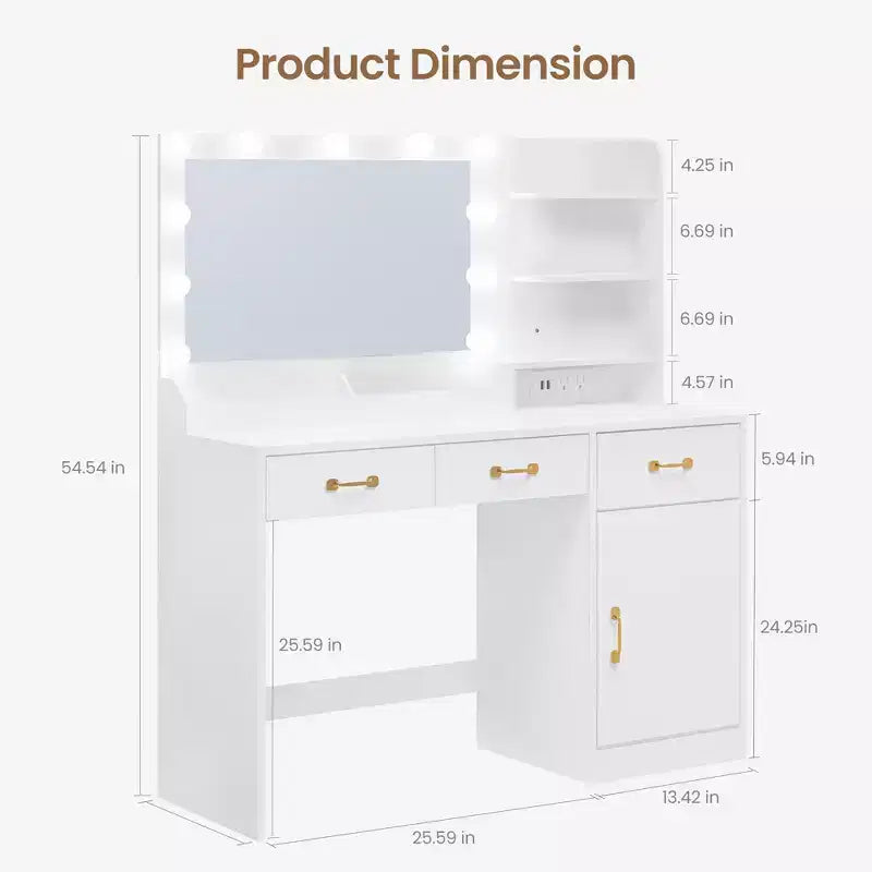 Makeup Vanity Desk with Mirror and Lights, White Vanity Table with Charging Station, 3 Drawers, 2 Cubbies, 1 Cabinet & Open Shelves, for Women Girls