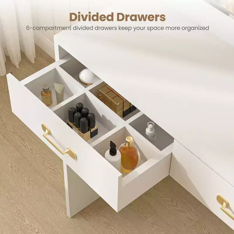 Makeup Vanity Desk with Mirror and Lights, White Vanity Table with Charging Station, 3 Drawers, 2 Cubbies, 1 Cabinet & Open Shelves, for Women Girls