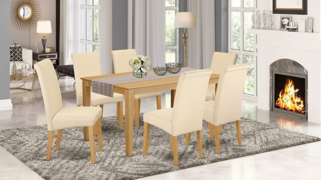 HomeStock 7-Pc Natural Oak Finish Solid Wood Top Dining Table with 6 Parson Chairs