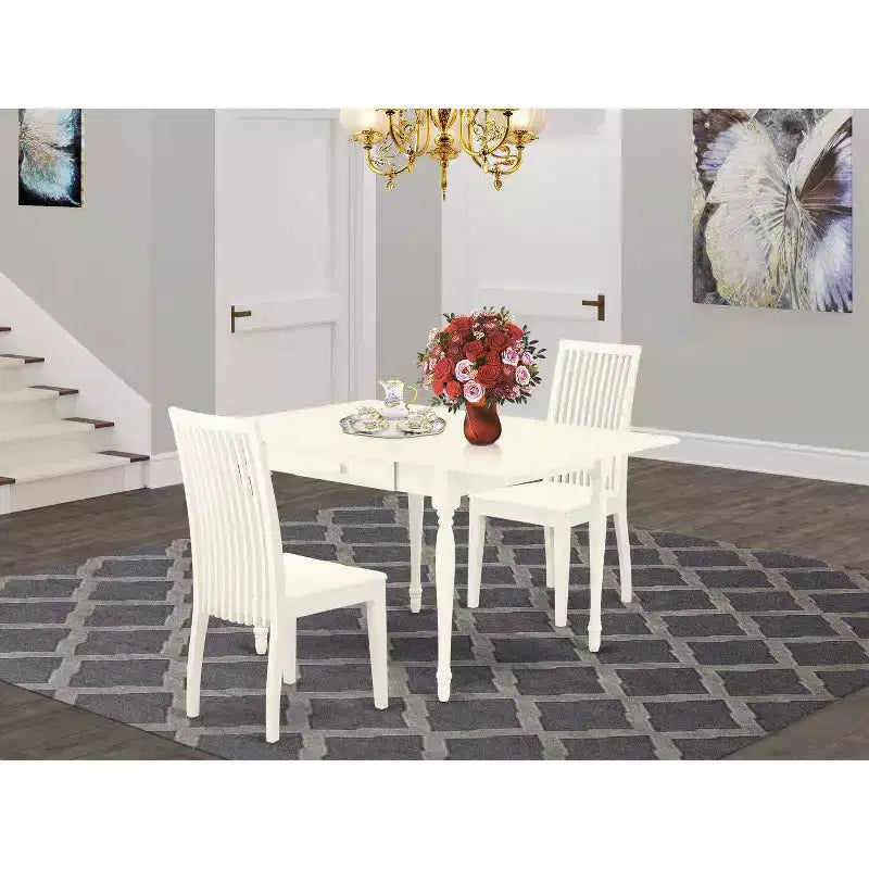 3-Piece Drop-Leaf Dining Table Set with Solid Wood Top & Faux Leather Chairs, Linen White