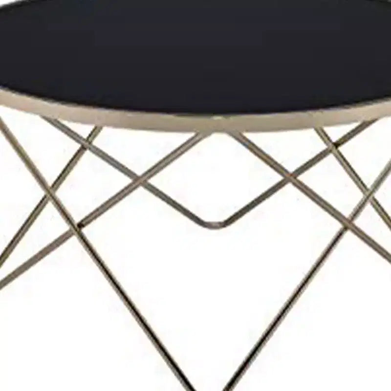 Round Coffee Table with Black Glass Top & Gold Metal V-Shape Base