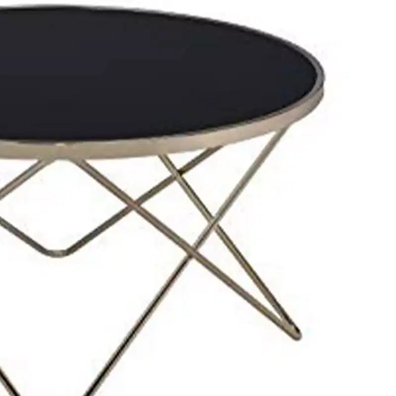 Round Coffee Table with Black Glass Top & Gold Metal V-Shape Base