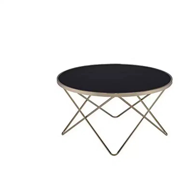 Round Coffee Table with Black Glass Top & Gold Metal V-Shape Base
