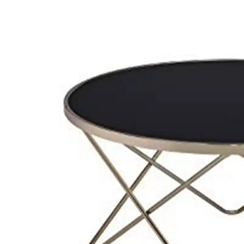 Round Coffee Table with Black Glass Top & Gold Metal V-Shape Base