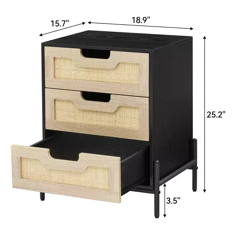 Rattan Nightstand with 3 Drawers, Compact Bedside Table, Wooden Rustic End Table with Storage, Metal Legs, for Bedroom, Living Room, Easy Assembly