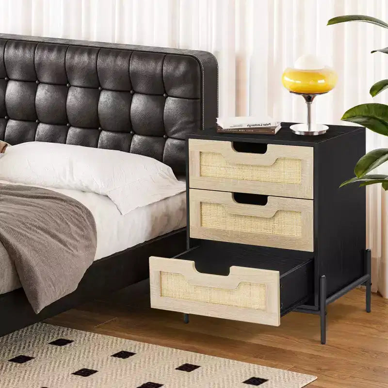 Rattan Nightstand with 3 Drawers, Compact Bedside Table, Wooden Rustic End Table with Storage, Metal Legs, for Bedroom, Living Room, Easy Assembly