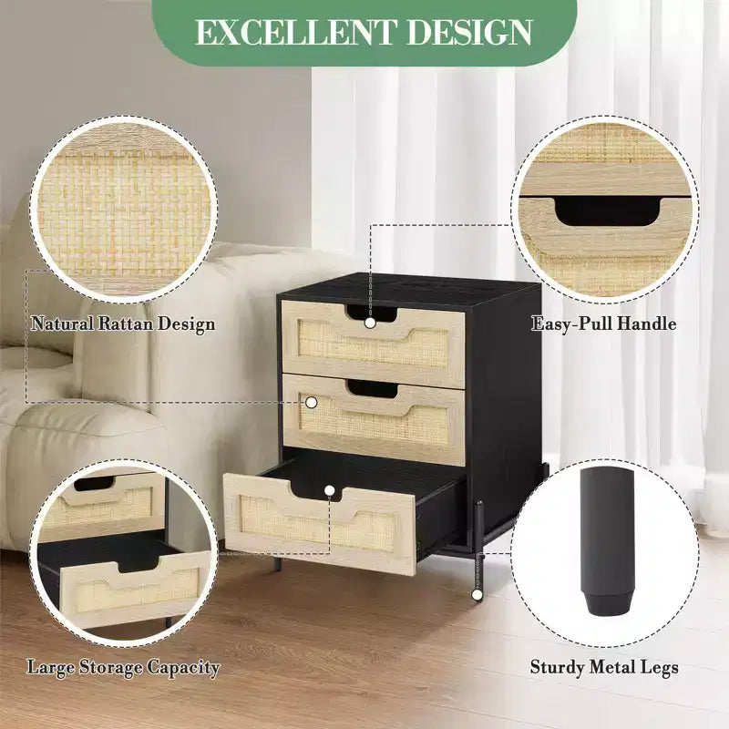 Rattan Nightstand with 3 Drawers, Compact Bedside Table, Wooden Rustic End Table with Storage, Metal Legs, for Bedroom, Living Room, Easy Assembly
