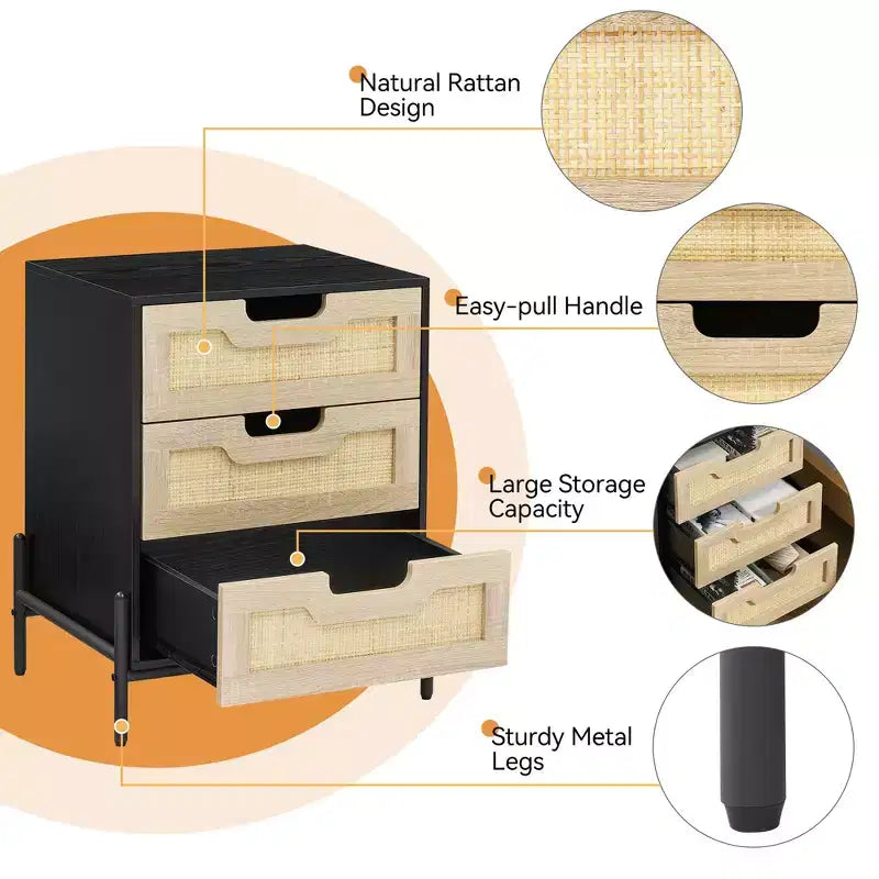 Rattan Nightstand with 3 Drawers, Compact Bedside Table, Wooden Rustic End Table with Storage, Metal Legs, for Bedroom, Living Room, Easy Assembly