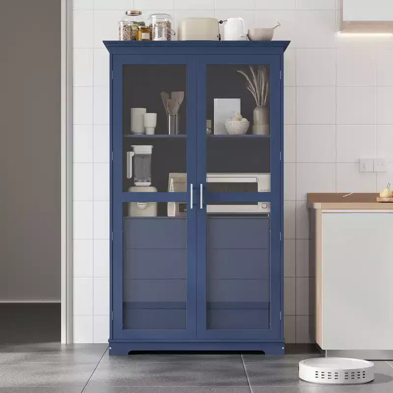 Freestanding Kitchen Pantry Cabinet with Glass Doors & 4 Drawers, 75" Tall