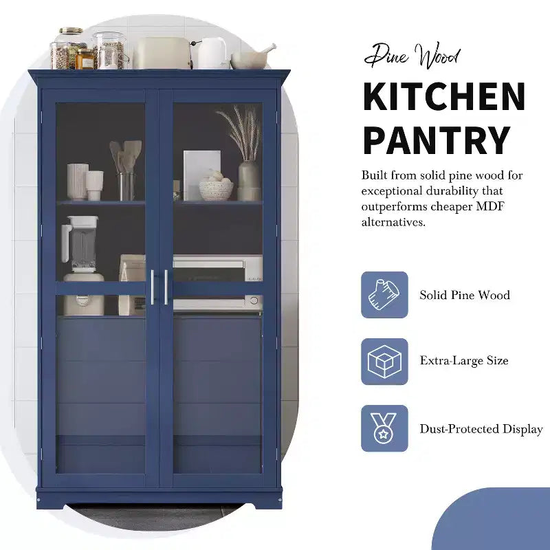 Freestanding Kitchen Pantry Cabinet with Glass Doors & 4 Drawers, 75" Tall