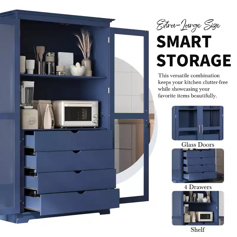 Freestanding Kitchen Pantry Cabinet with Glass Doors & 4 Drawers, 75" Tall