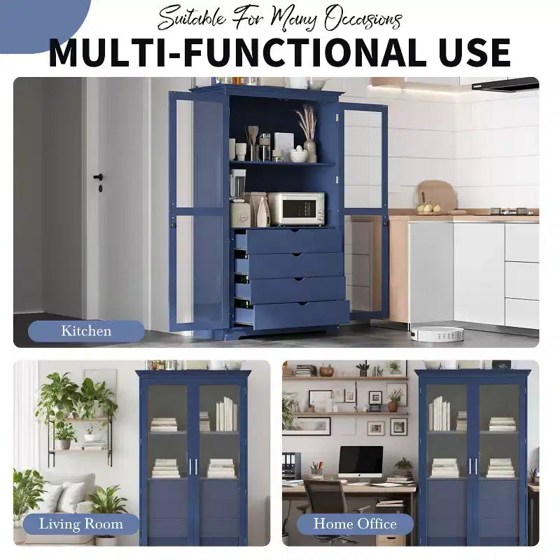 Freestanding Kitchen Pantry Cabinet with Glass Doors & 4 Drawers, 75" Tall