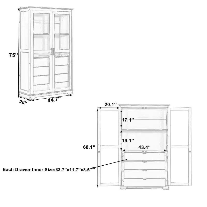 Freestanding Kitchen Pantry Cabinet with Glass Doors & 4 Drawers, 75" Tall