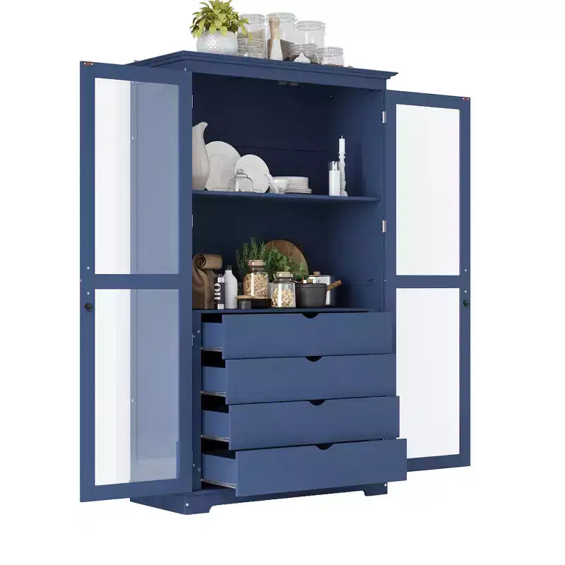 Freestanding Kitchen Pantry Cabinet with Glass Doors & 4 Drawers, 75" Tall
