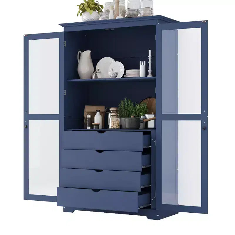 Freestanding Kitchen Pantry Cabinet with Glass Doors & 4 Drawers, 75" Tall