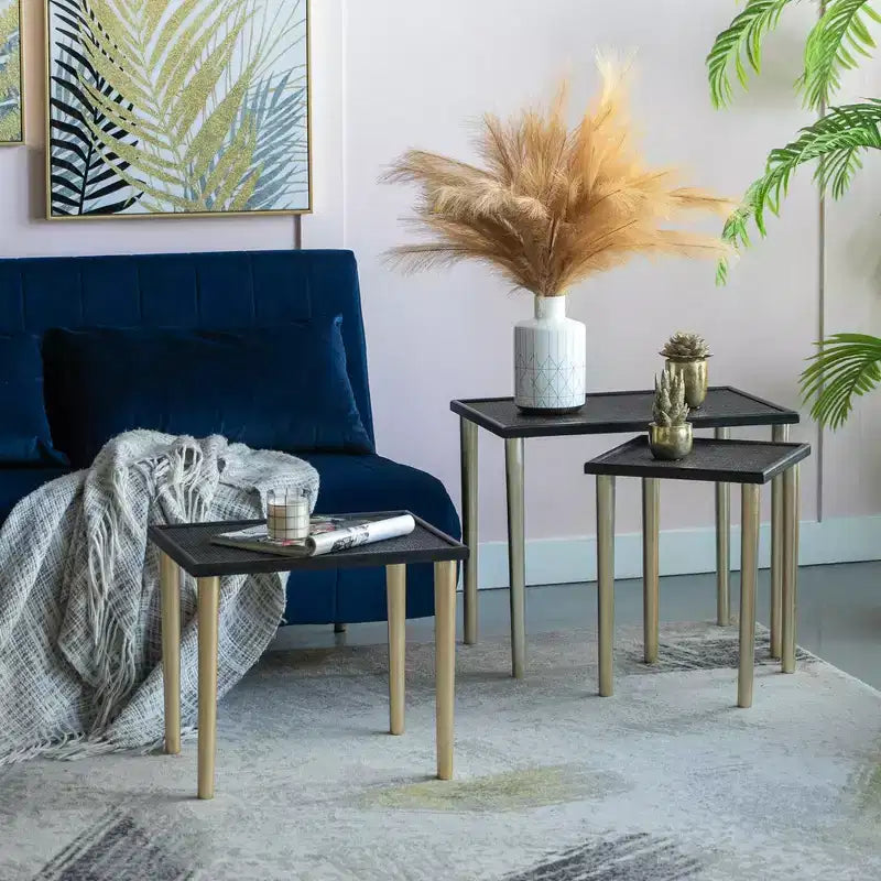 Boho Rattan & Wood Nesting Tables, Set of 3, Black & Gold Finish