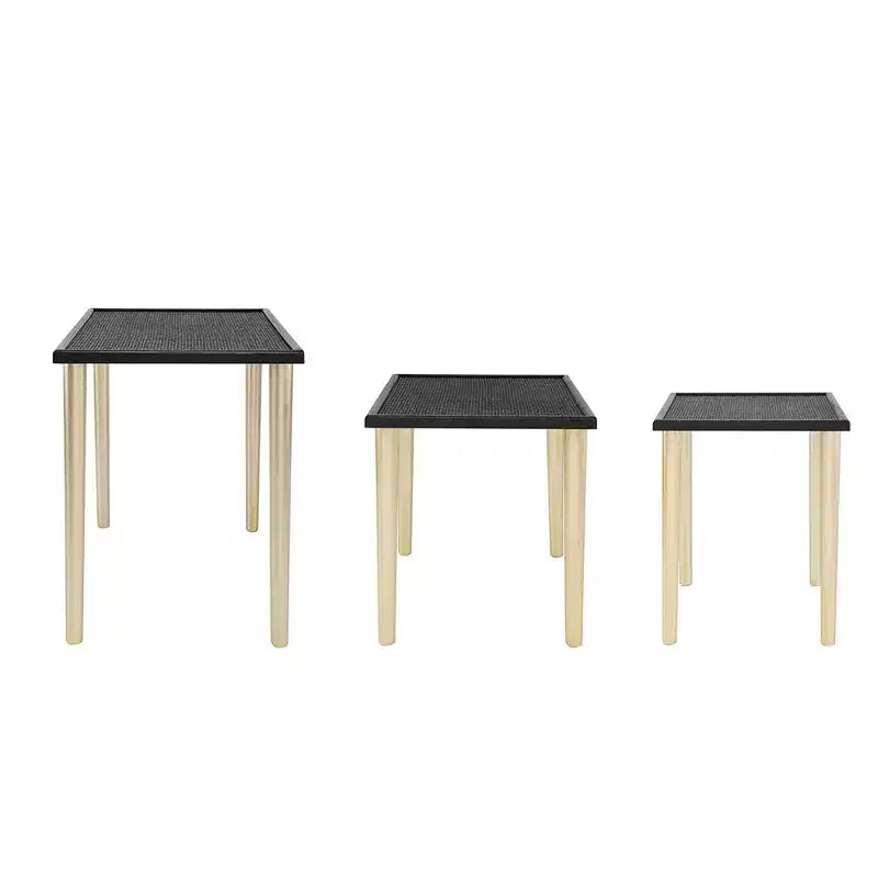 Boho Rattan & Wood Nesting Tables, Set of 3, Black & Gold Finish