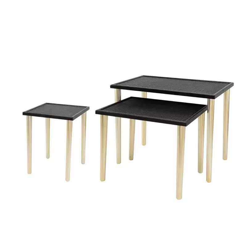 Boho Rattan & Wood Nesting Tables, Set of 3, Black & Gold Finish