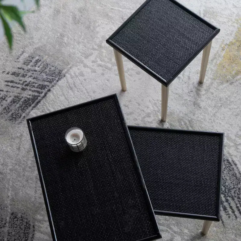 Boho Rattan & Wood Nesting Tables, Set of 3, Black & Gold Finish