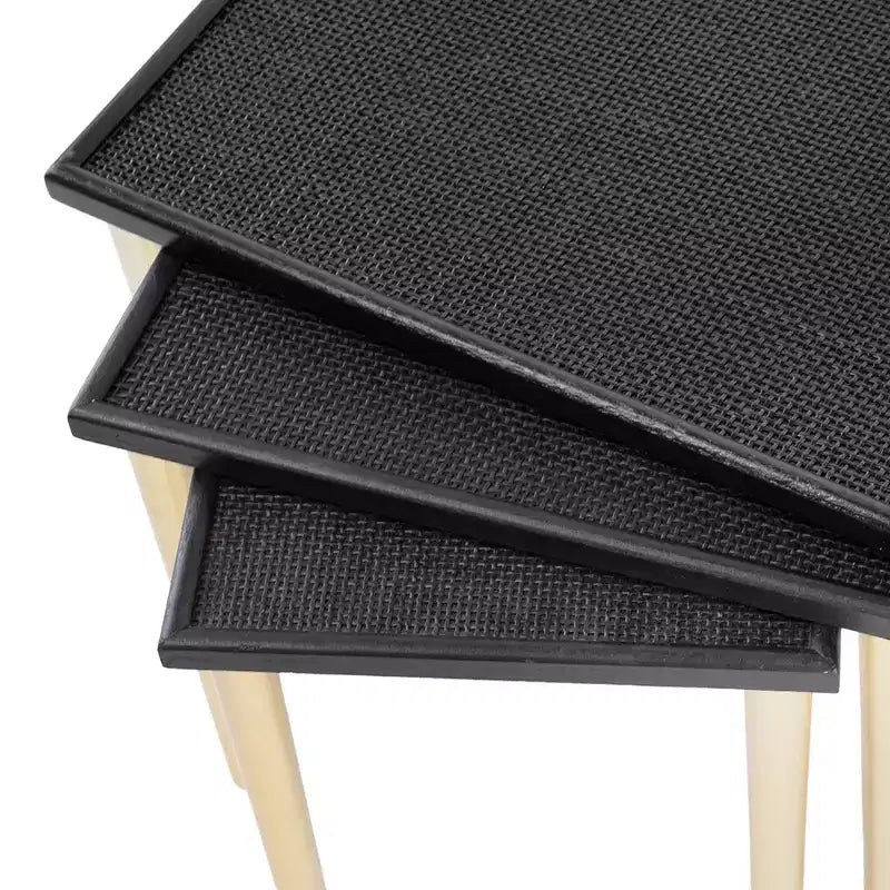 Boho Rattan & Wood Nesting Tables, Set of 3, Black & Gold Finish