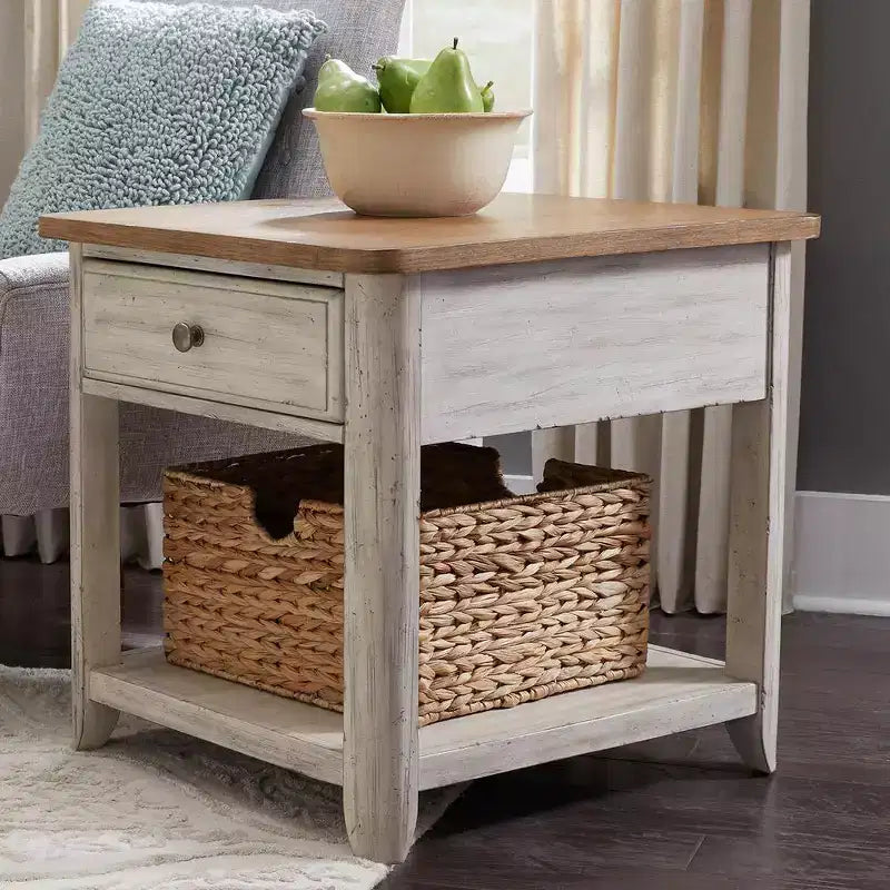 Farmhouse End Table with Wicker Basket, Antique White & Chestnut Top, Eastern Red Cedar