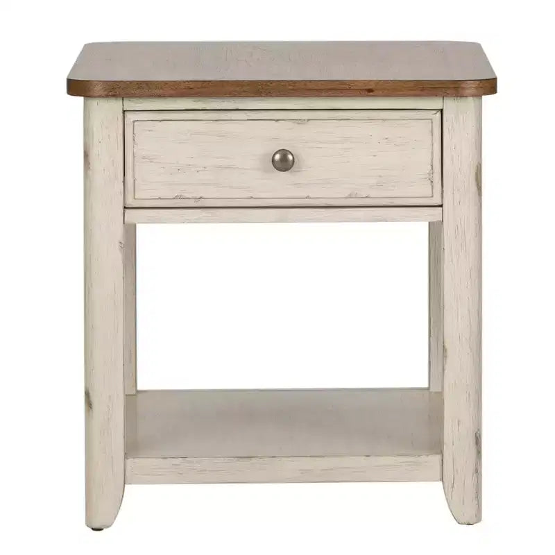 Farmhouse End Table with Wicker Basket, Antique White & Chestnut Top, Eastern Red Cedar