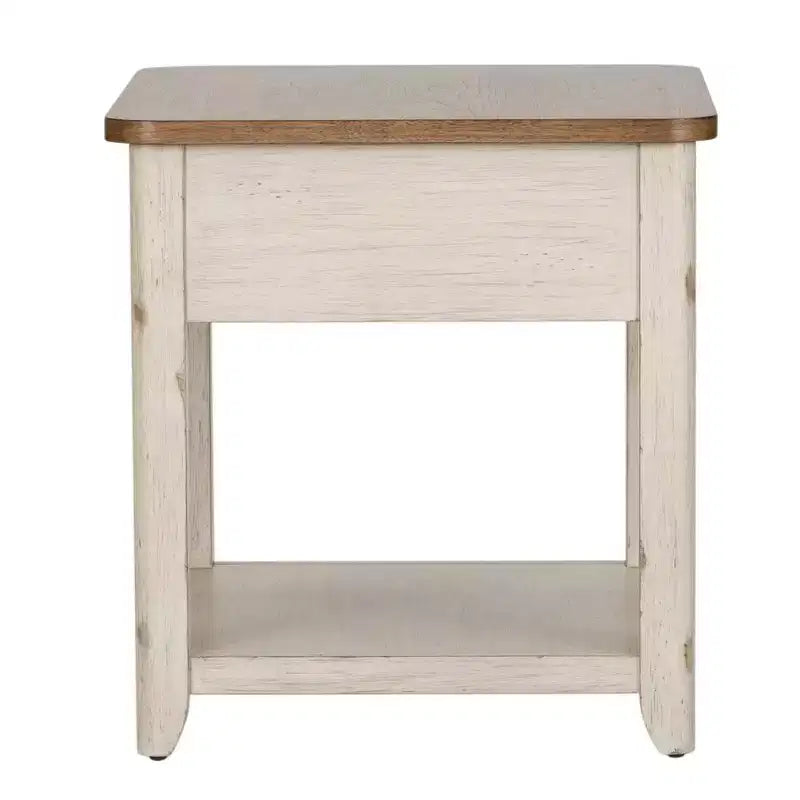 Farmhouse End Table with Wicker Basket, Antique White & Chestnut Top, Eastern Red Cedar
