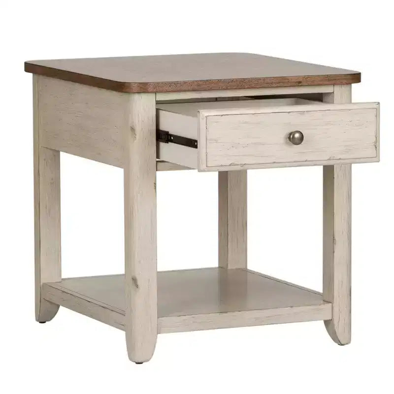 Farmhouse End Table with Wicker Basket, Antique White & Chestnut Top, Eastern Red Cedar