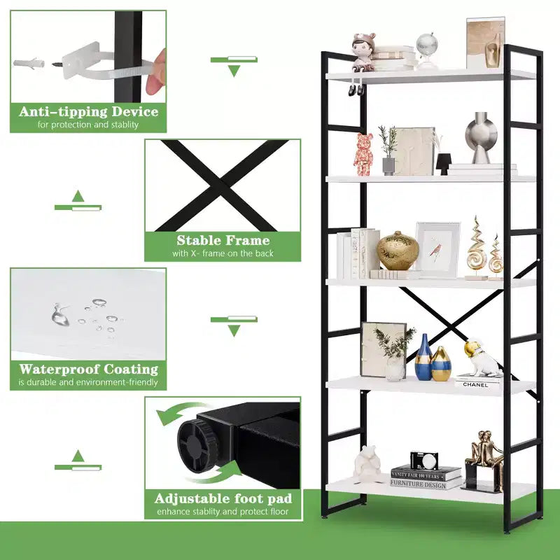 Celebalcony 62.2 H x 23.6 W 5 Tiers Bookshelf, Tall Wooden Bookcase with Metal Frame, Modern Book Rack, Storage Shelves for Home Office