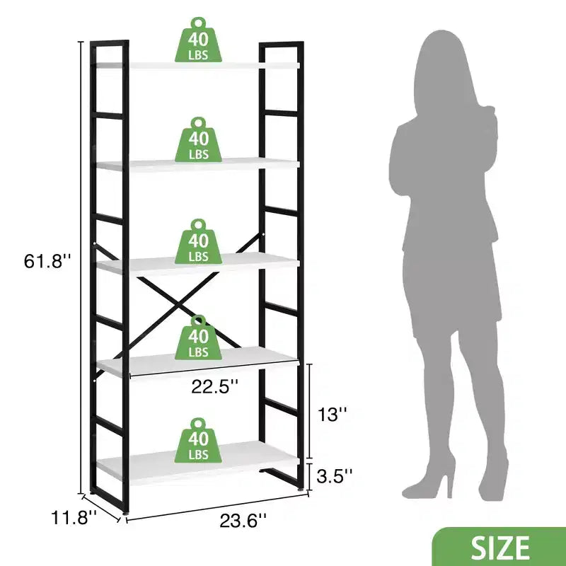 Celebalcony 62.2 H x 23.6 W 5 Tiers Bookshelf, Tall Wooden Bookcase with Metal Frame, Modern Book Rack, Storage Shelves for Home Office