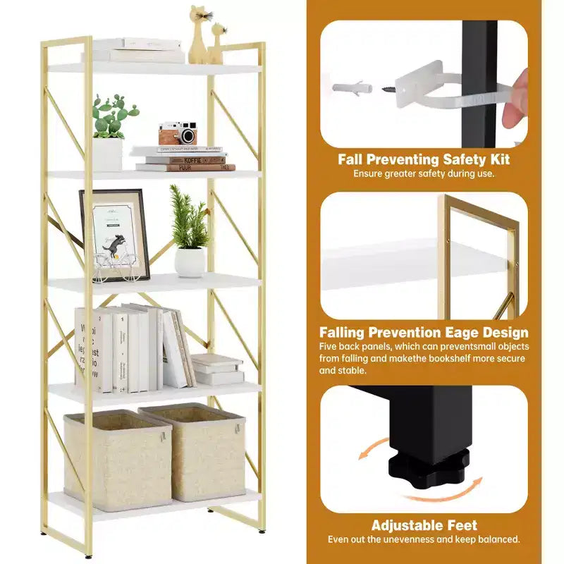 Celebalcony 62.2 H x 23.6 W 5 Tiers Bookshelf, Tall Wooden Bookcase with Metal Frame, Modern Book Rack, Storage Shelves for Home Office