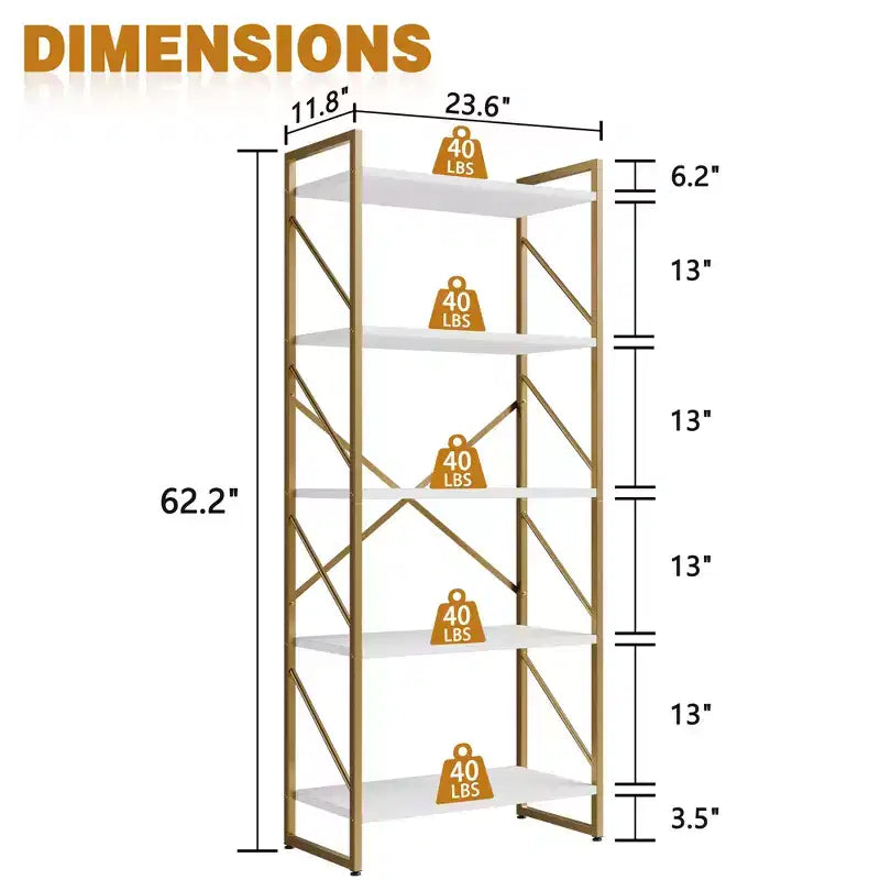 Celebalcony 62.2 H x 23.6 W 5 Tiers Bookshelf, Tall Wooden Bookcase with Metal Frame, Modern Book Rack, Storage Shelves for Home Office