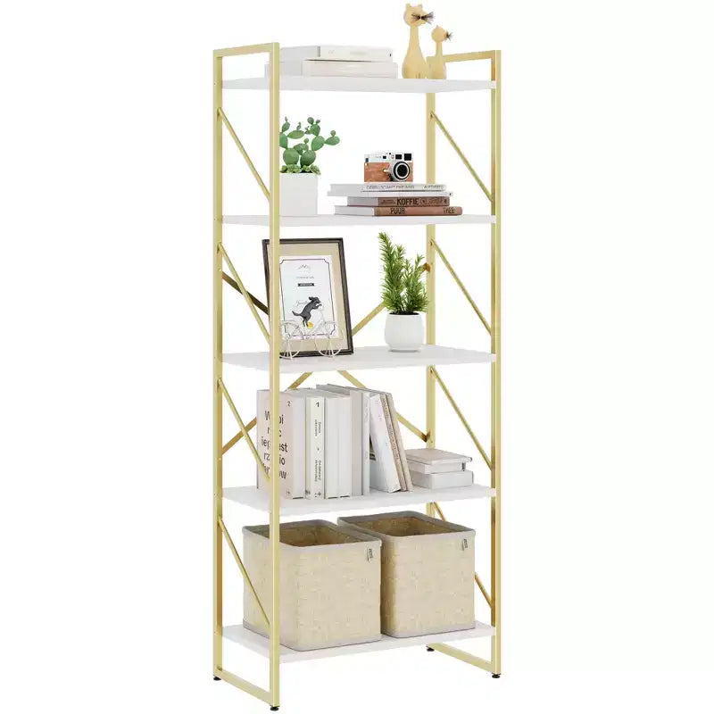 Celebalcony 62.2 H x 23.6 W 5 Tiers Bookshelf, Tall Wooden Bookcase with Metal Frame, Modern Book Rack, Storage Shelves for Home Office