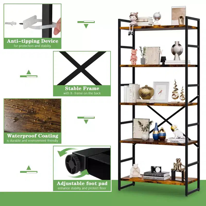 Celebalcony 62.2 H x 23.6 W 5 Tiers Bookshelf, Tall Wooden Bookcase with Metal Frame, Modern Book Rack, Storage Shelves for Home Office