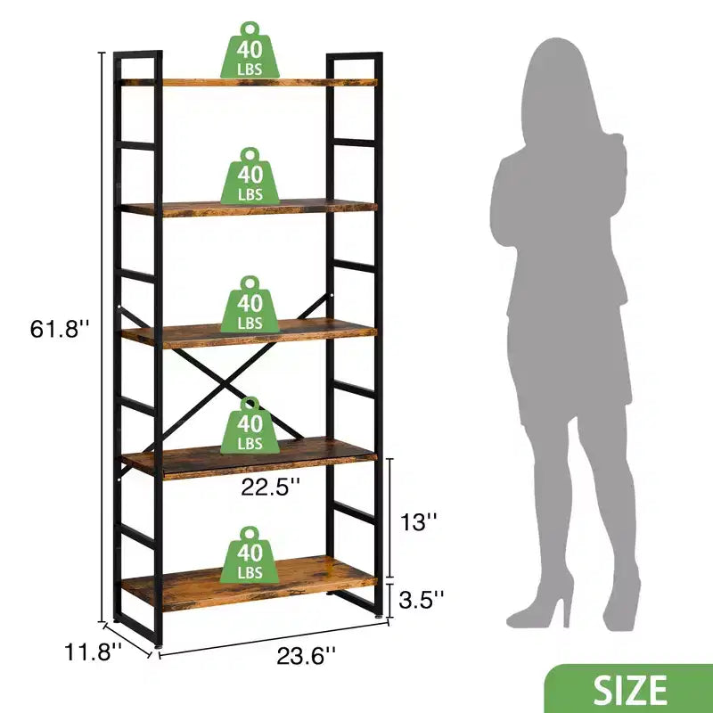 Celebalcony 62.2 H x 23.6 W 5 Tiers Bookshelf, Tall Wooden Bookcase with Metal Frame, Modern Book Rack, Storage Shelves for Home Office